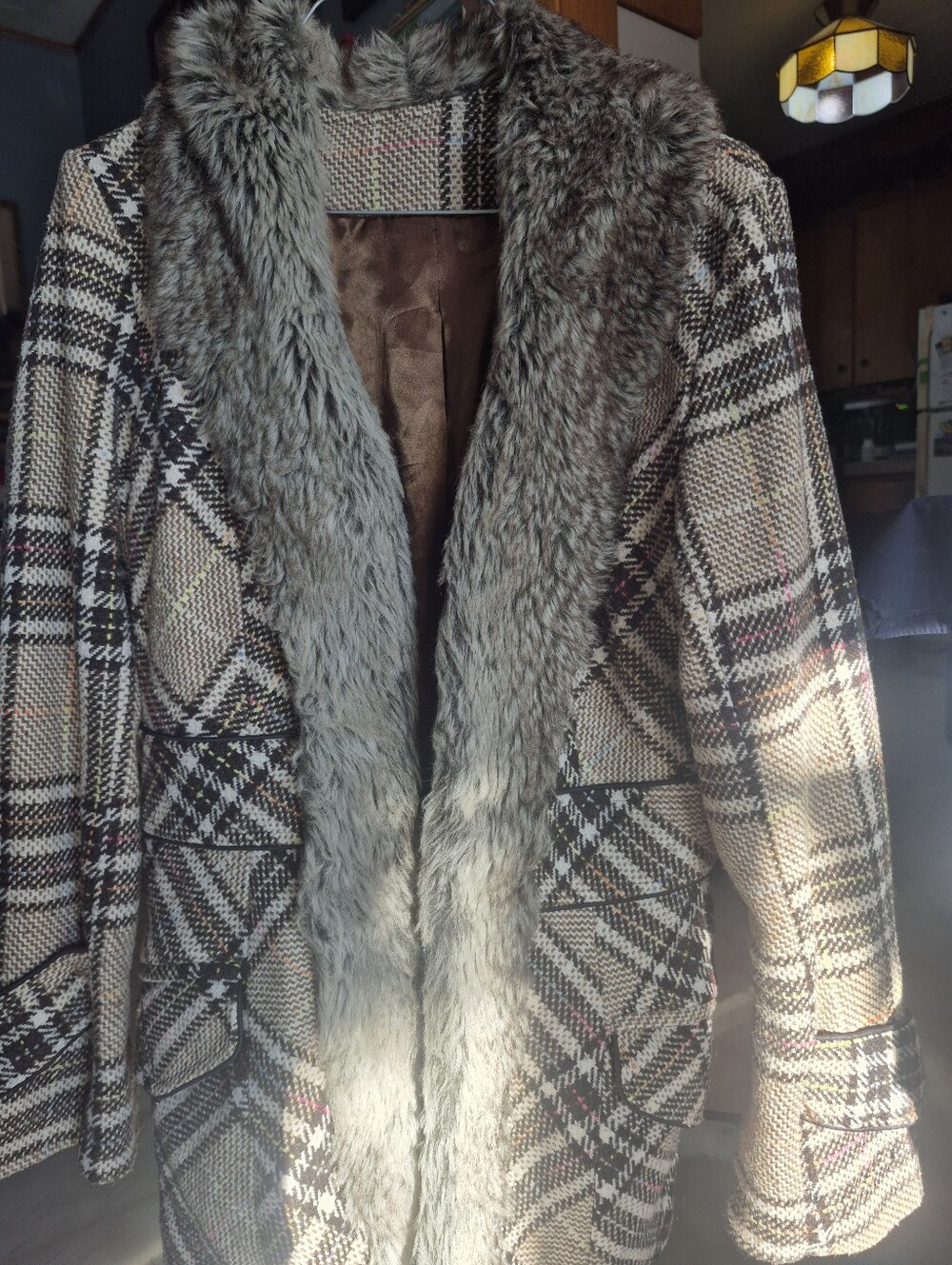 Plaid Faux Fur-Trim Women's Coat in Brown